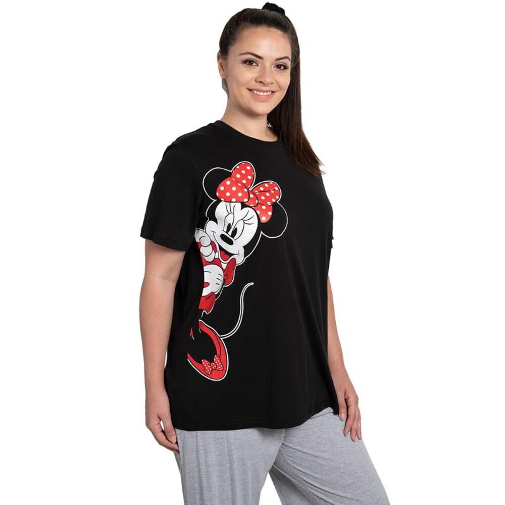 New Womens Plus Size Disney Minnie Mouse Leaning Short Sleeve T-Shirt Black